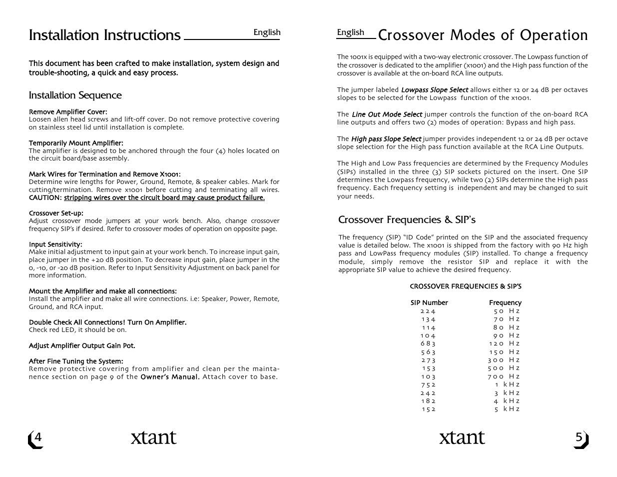 Installation instructions, Crossover modes of operation | Xtant Model X1001 User Manual | Page 4 / 19