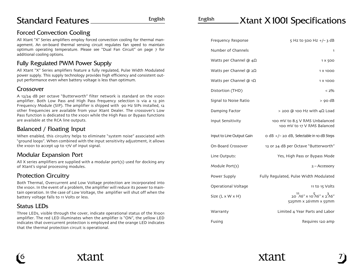 Standard features, Xtant x1001 specifications | Xtant Model X1001 User Manual | Page 5 / 19