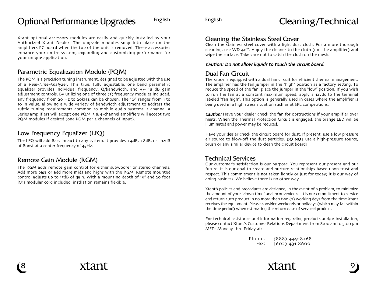 Cleaning/technical, Optional performance upgrades | Xtant Model X1001 User Manual | Page 6 / 19