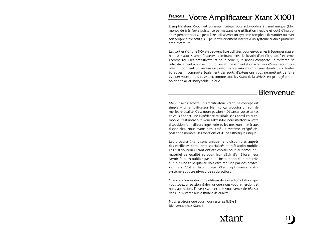 Votre amplificateur xtant x1001, Bienvenue | Xtant Model X1001 User Manual | Page 7 / 19