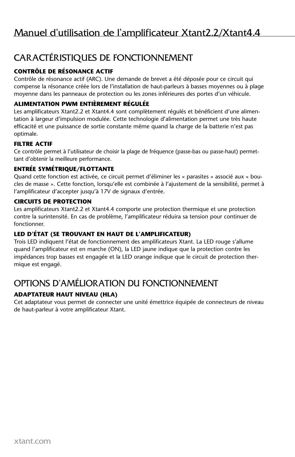 Caractéristiques de fonctionnement, Options d’amélioration du fonctionnement | Xtant 2.2 User Manual | Page 12 / 36