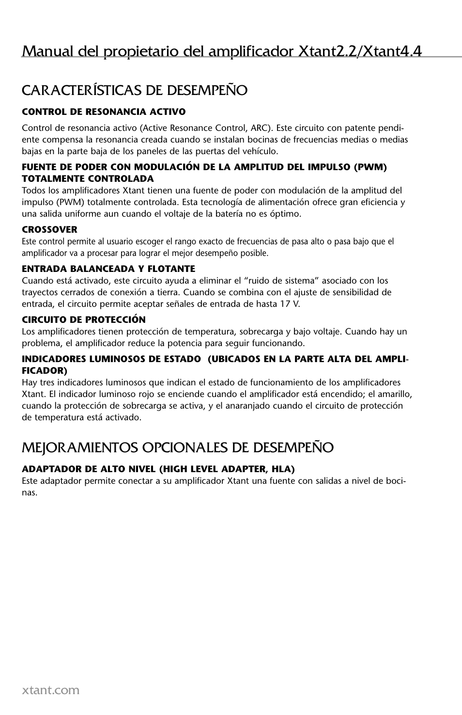 Características de desempeño, Mejoramientos opcionales de desempeño | Xtant 2.2 User Manual | Page 20 / 36