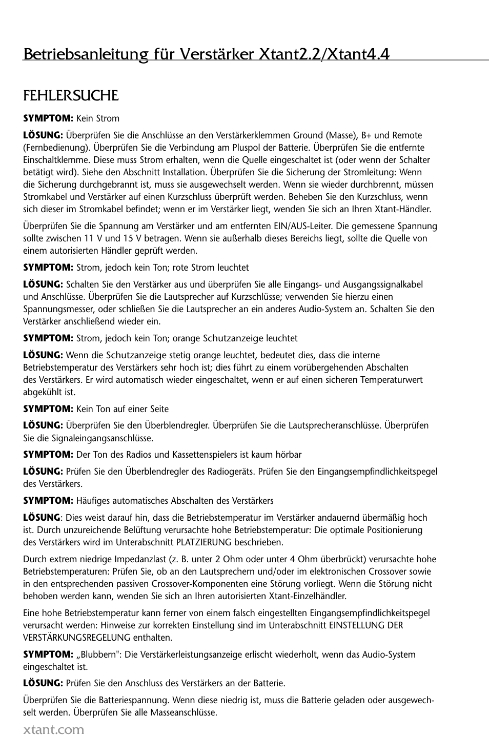 Betriebsanleitung für verstärker xtant2.2/xtant4.4, Fehlersuche | Xtant 2.2 User Manual | Page 34 / 36