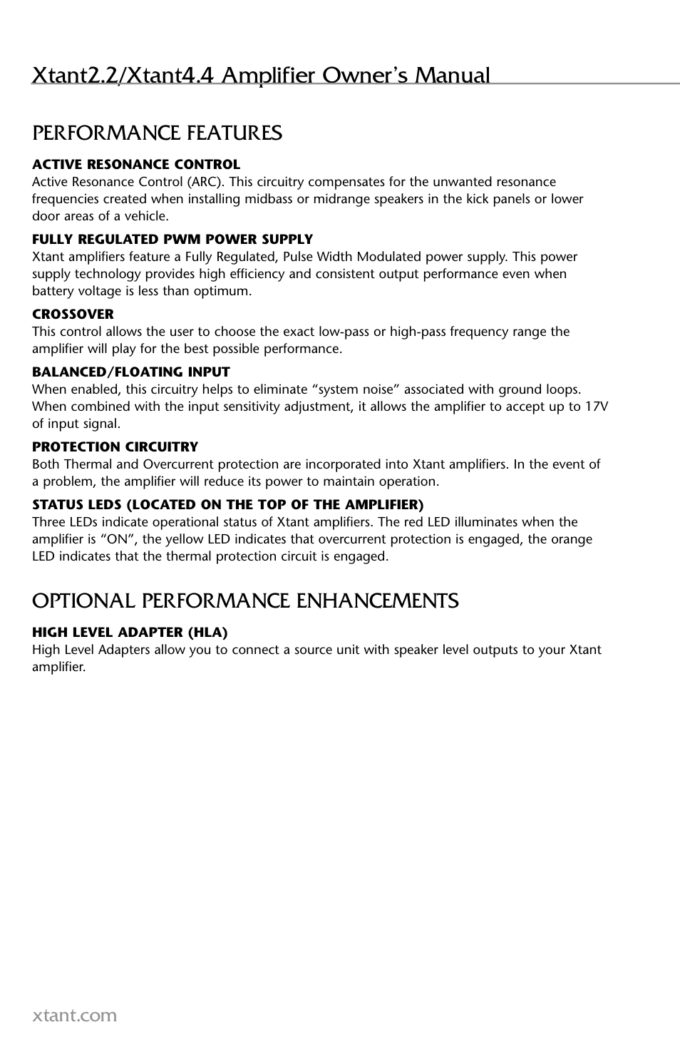 Xtant2.2/xtant4.4 amplifier owner’s manual, Performance features, Optional performance enhancements | Xtant 2.2 User Manual | Page 4 / 36