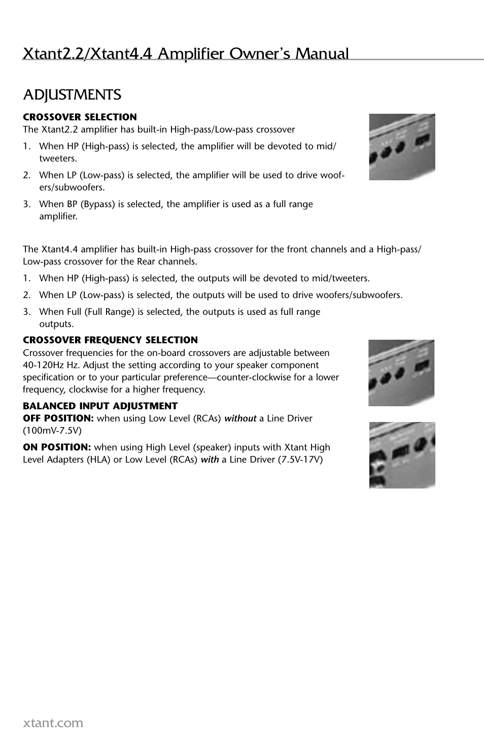 Xtant2.2/xtant4.4 amplifier owner’s manual, Adjustments | Xtant 2.2 User Manual | Page 8 / 36