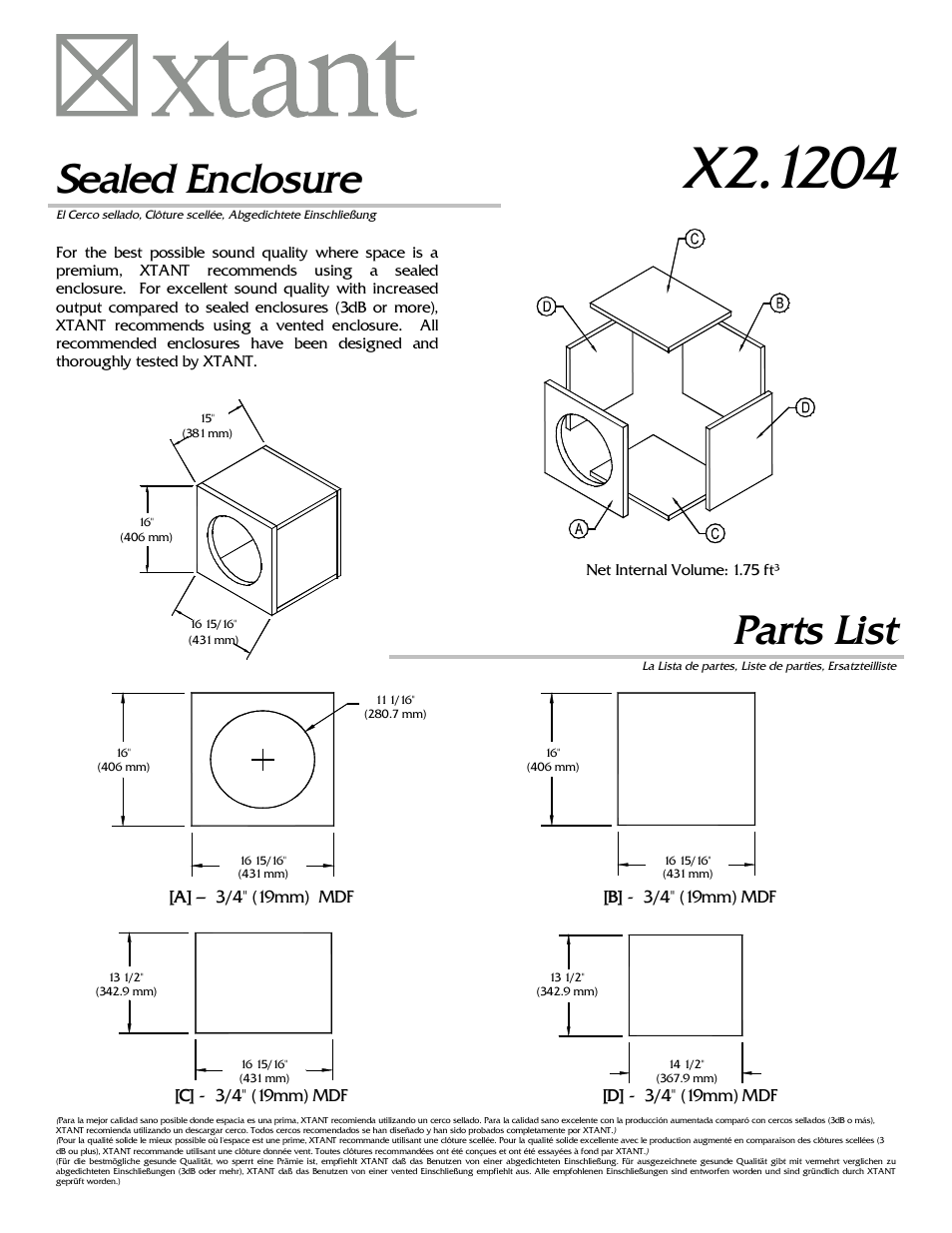 Sealed enclosure, Parts list | Xtant X2.1204 User Manual | Page 2 / 4
