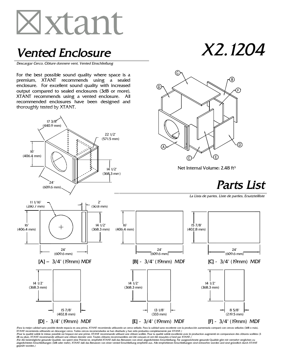 Vented enclosure, Parts list | Xtant X2.1204 User Manual | Page 3 / 4