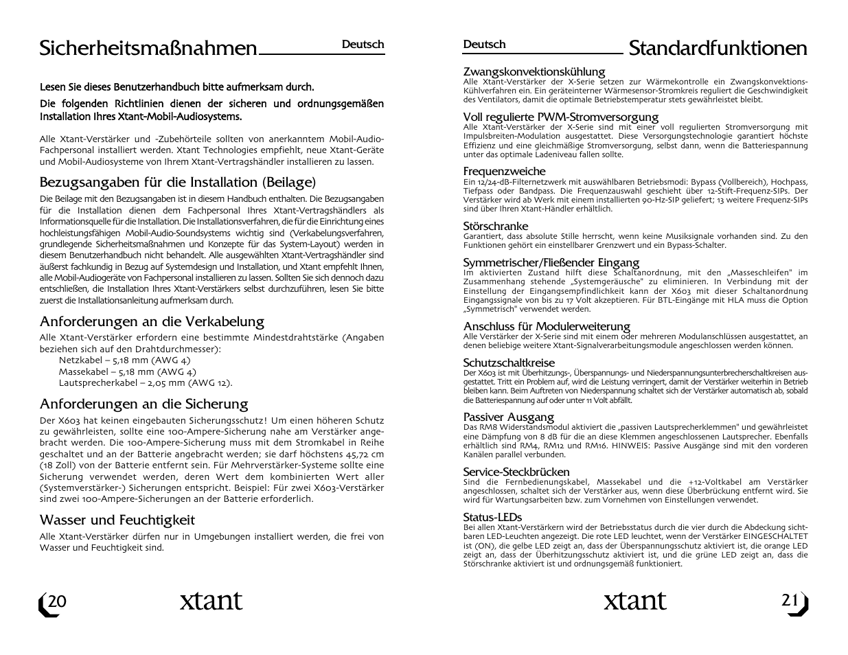 Sicherheitsmaßnahmen, Standardfunktionen | Xtant X603 User Manual | Page 12 / 19