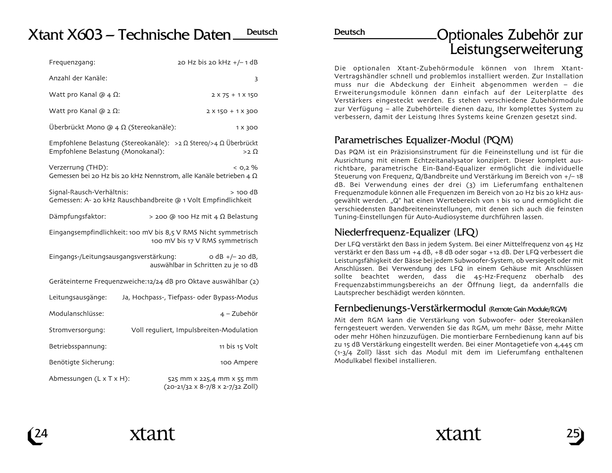 Optionales zubehör zur leistungserweiterung, Xtant x603 – technische daten | Xtant X603 User Manual | Page 14 / 19