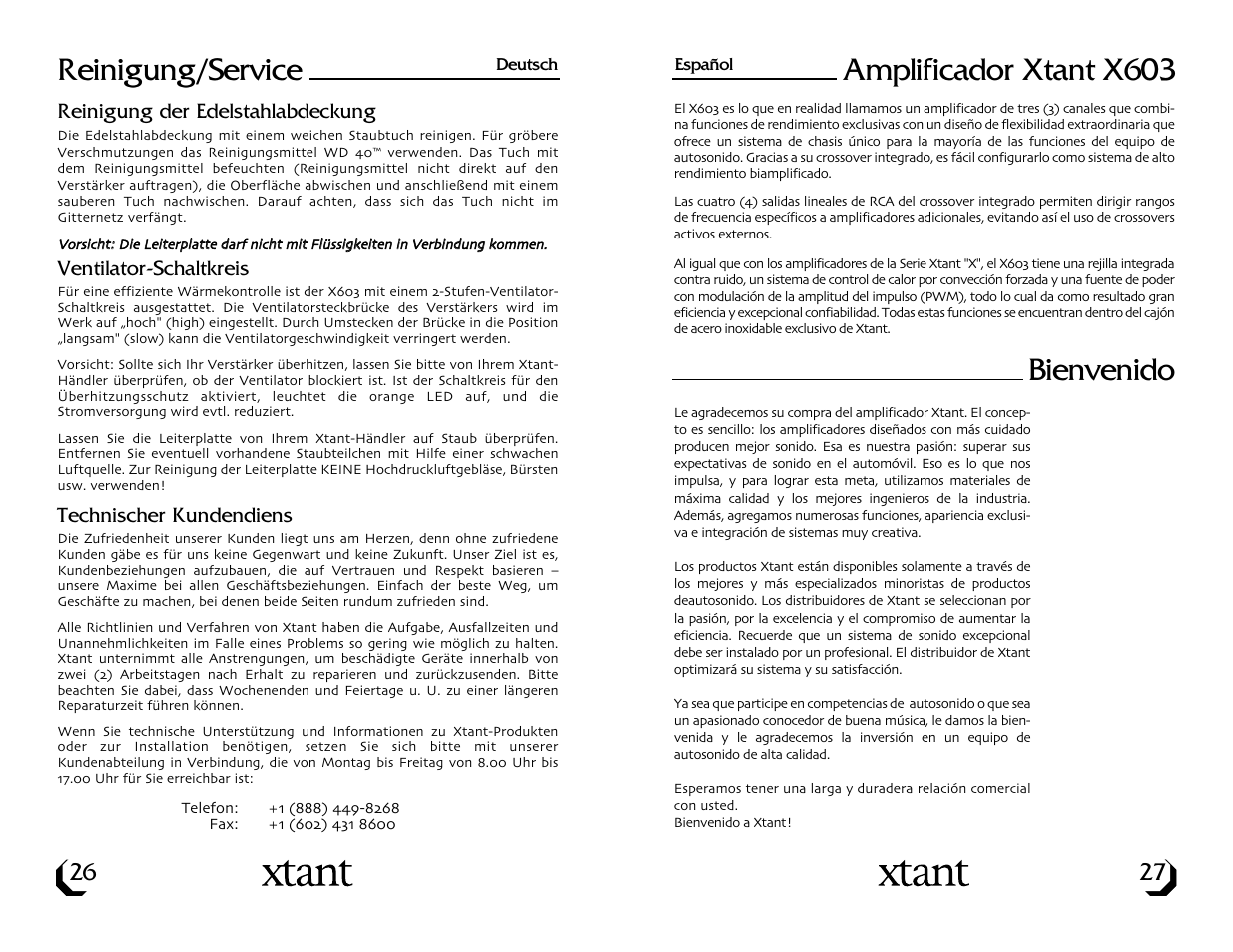 Reinigung/service, Amplificador xtant x603, Bienvenido | Xtant X603 User Manual | Page 15 / 19