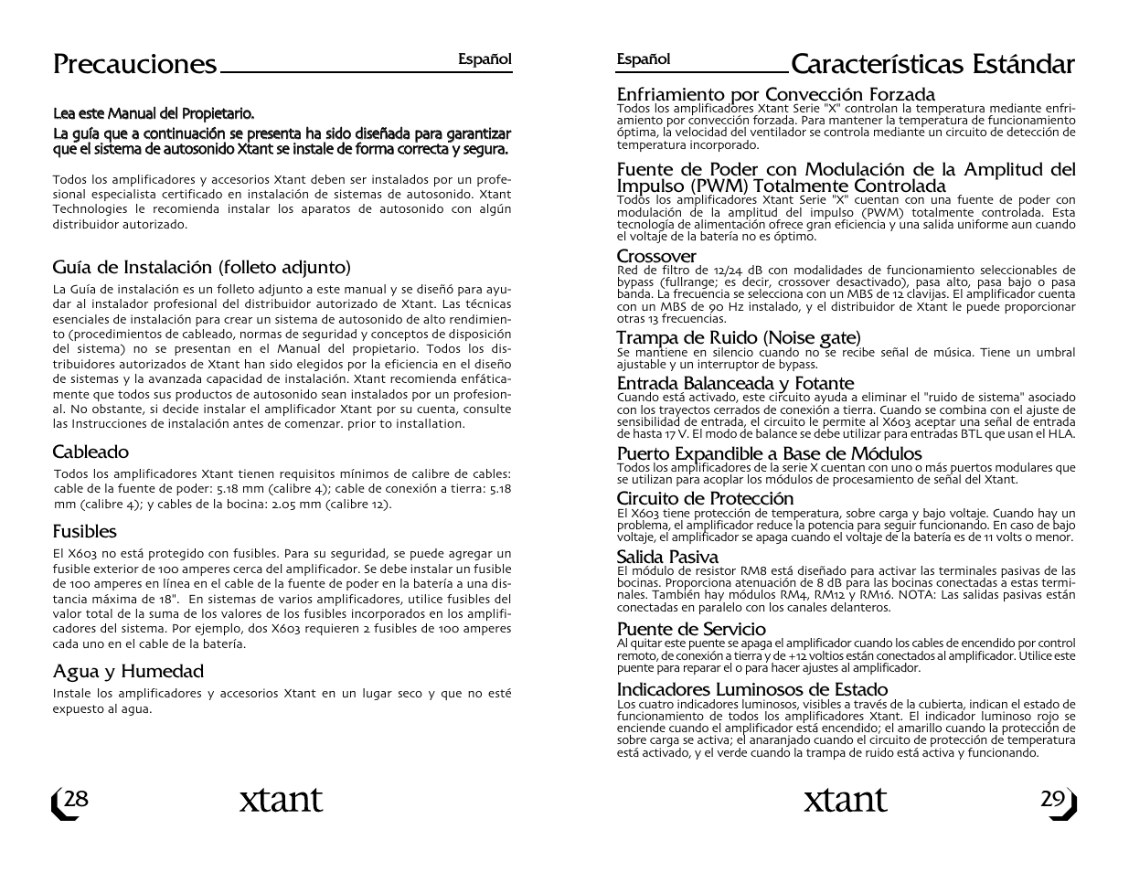 Precauciones, Características estándar | Xtant X603 User Manual | Page 16 / 19