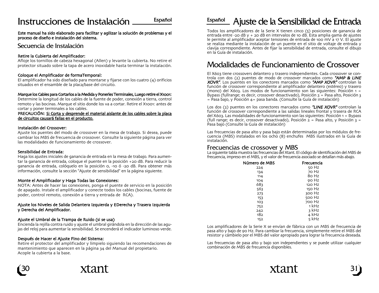 Ajuste de la sensibilidad de entrada, Instrucciones de instalación, Modalidades de funcionamiento de crossover | Xtant X603 User Manual | Page 17 / 19