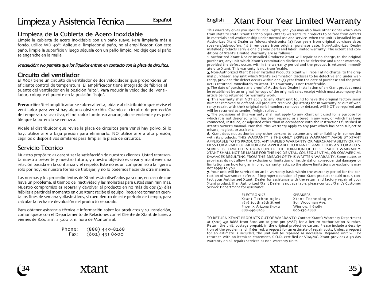 Limpieza y asistencia técnica, Xtant four year limited warranty | Xtant X603 User Manual | Page 19 / 19