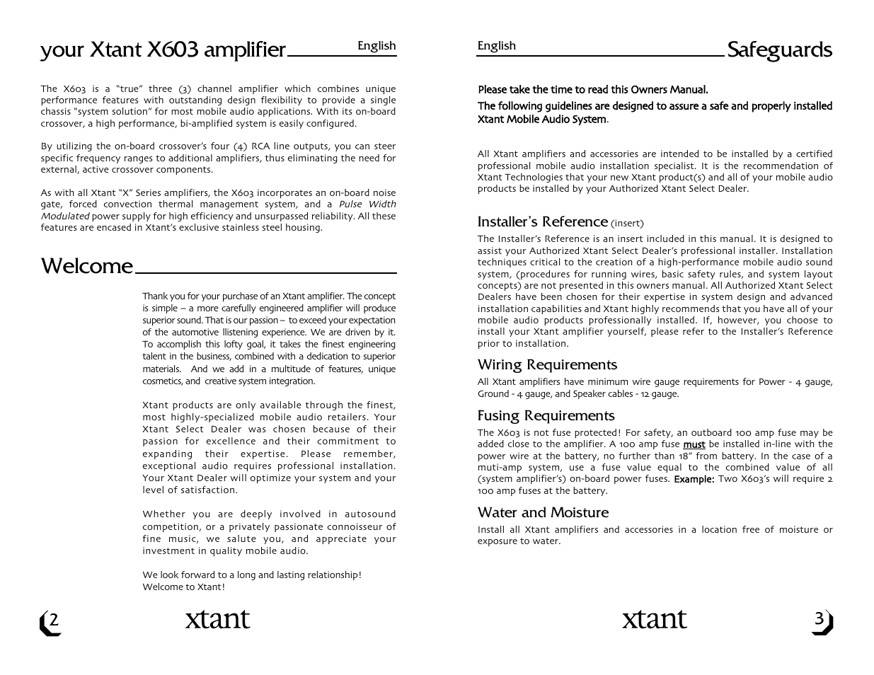 Your xtant x603 amplifier, Welcome, Safeguards | Xtant X603 User Manual | Page 3 / 19