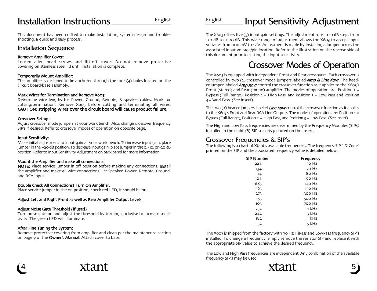 Input sensitivity adjustment, Crossover modes of operation, Installation instructions | Xtant X603 User Manual | Page 4 / 19