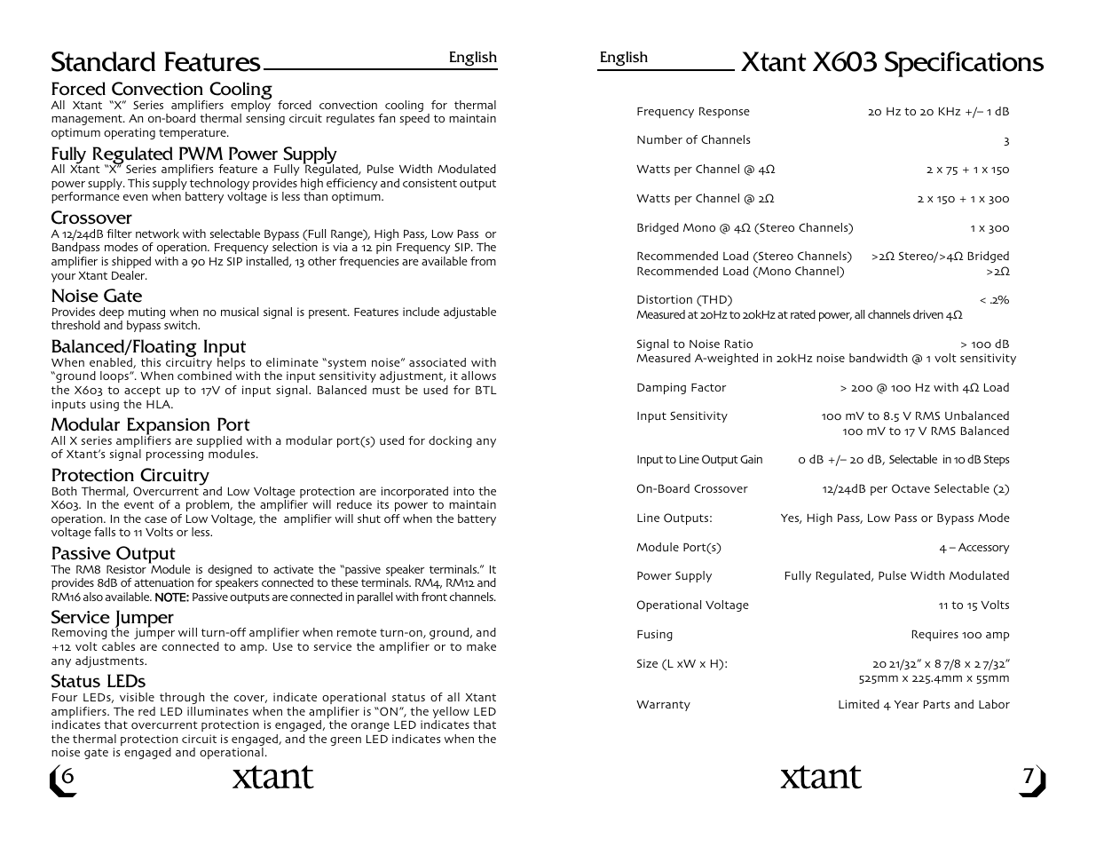 Standard features, Xtant x603 specifications | Xtant X603 User Manual | Page 5 / 19
