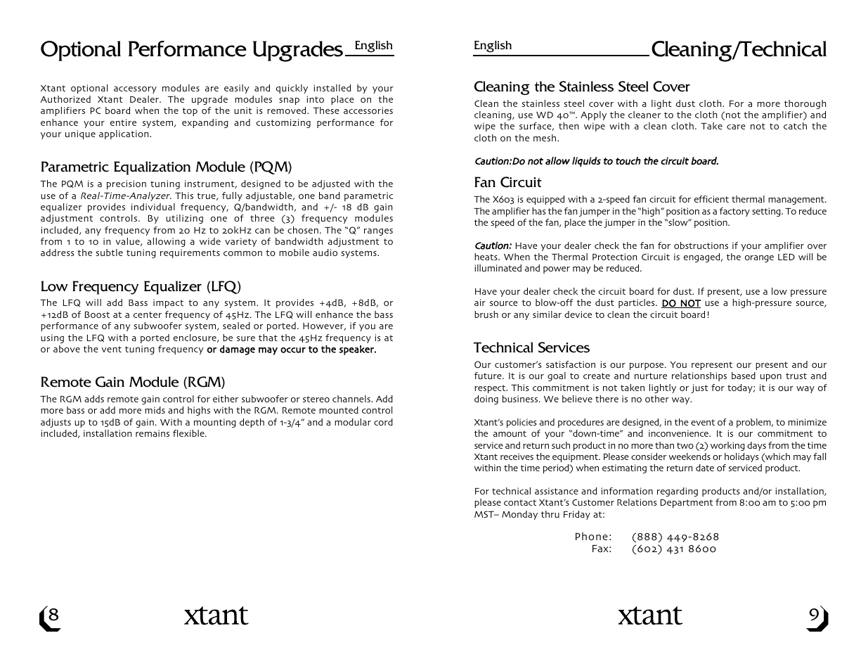 Cleaning/technical, Optional performance upgrades | Xtant X603 User Manual | Page 6 / 19