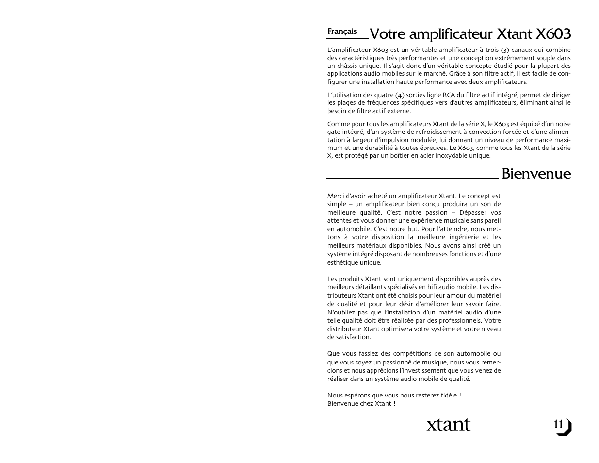 Votre amplificateur xtant x603, Bienvenue | Xtant X603 User Manual | Page 7 / 19