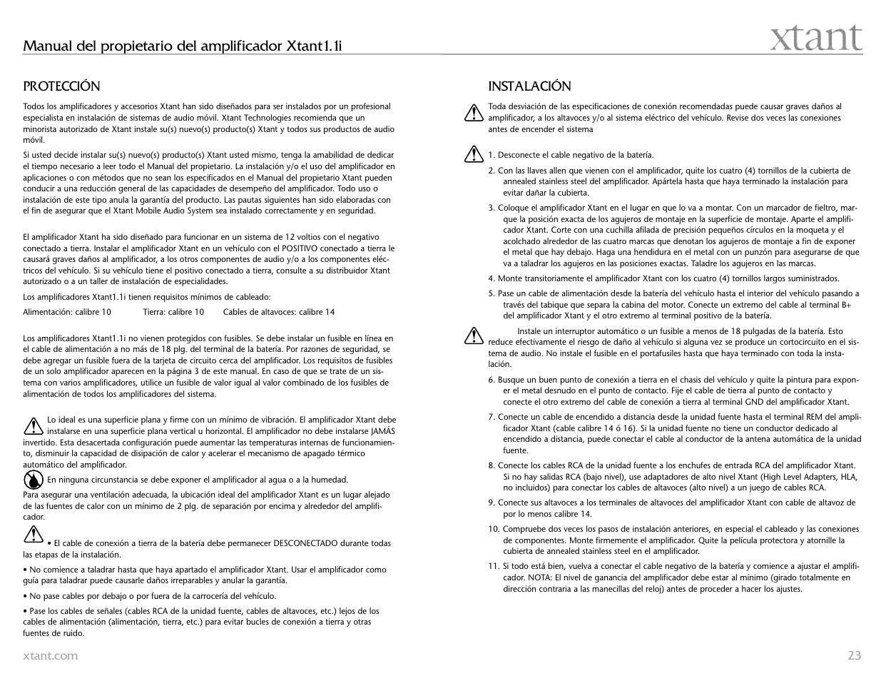 Manual del propietario del amplificador xtant1.1i, Protección, Instalación | Xtant 1.1 User Manual | Page 12 / 19