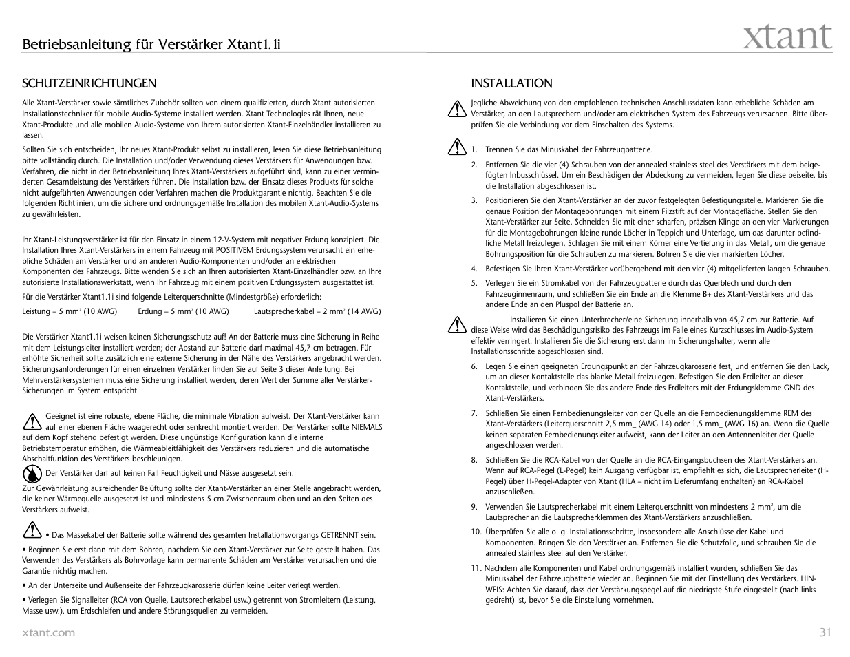 Betriebsanleitung für verstärker xtant1.1i, Installation, Schutzeinrichtungen | Xtant 1.1 User Manual | Page 16 / 19