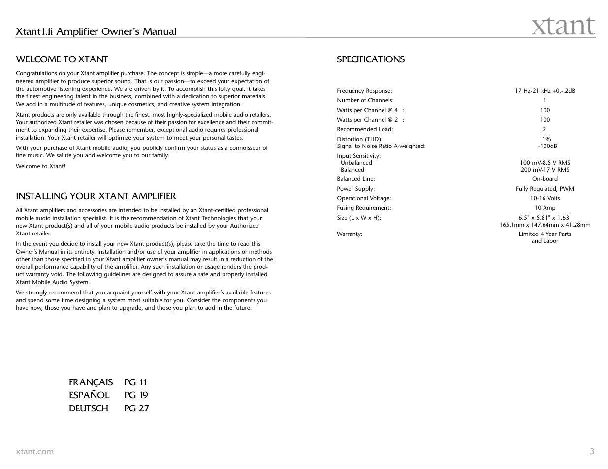 Xtant1.1i amplifier owner’s manual | Xtant 1.1 User Manual | Page 2 / 19