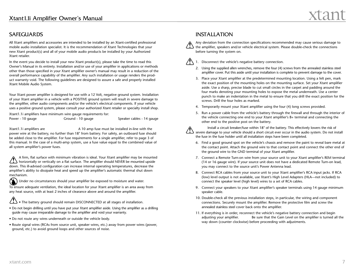 Xtant1.1i amplifier owner’s manual, Safeguards, Installation | Xtant 1.1 User Manual | Page 4 / 19