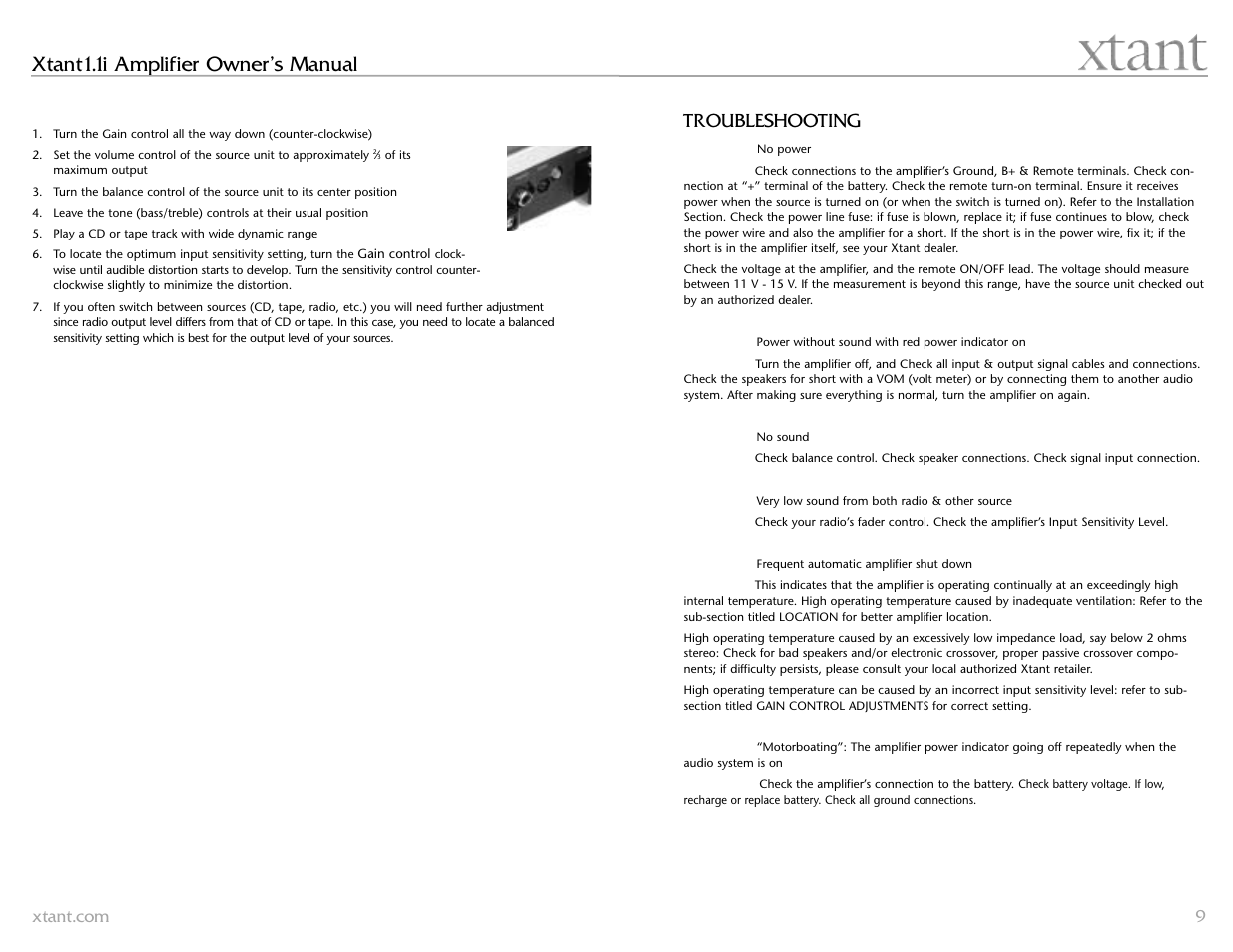 Xtant1.1i amplifier owner’s manual, Troubleshooting | Xtant 1.1 User Manual | Page 5 / 19
