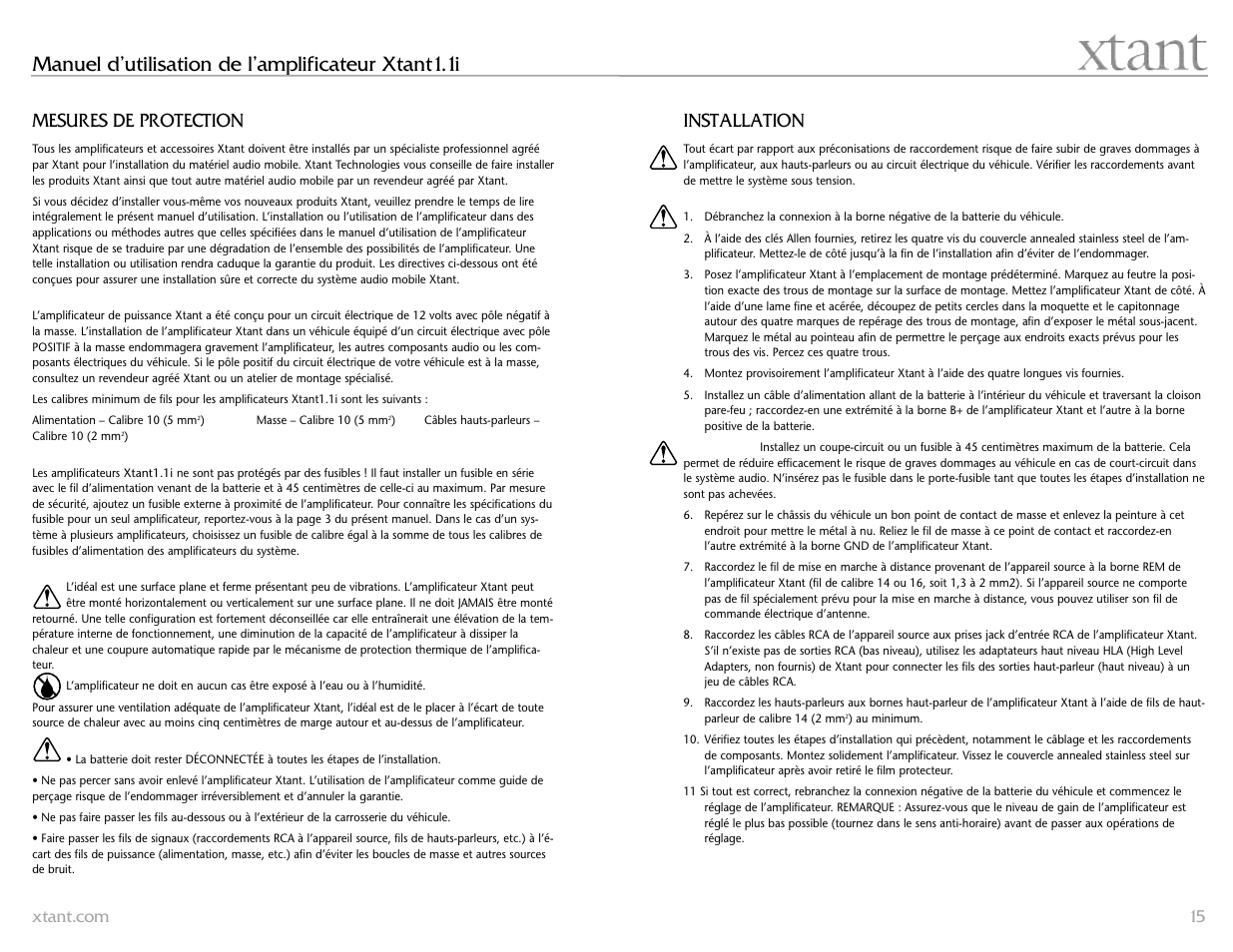 Manuel d’utilisation de l’amplificateur xtant1.1i, Mesures de protection, Installation | Xtant 1.1 User Manual | Page 8 / 19