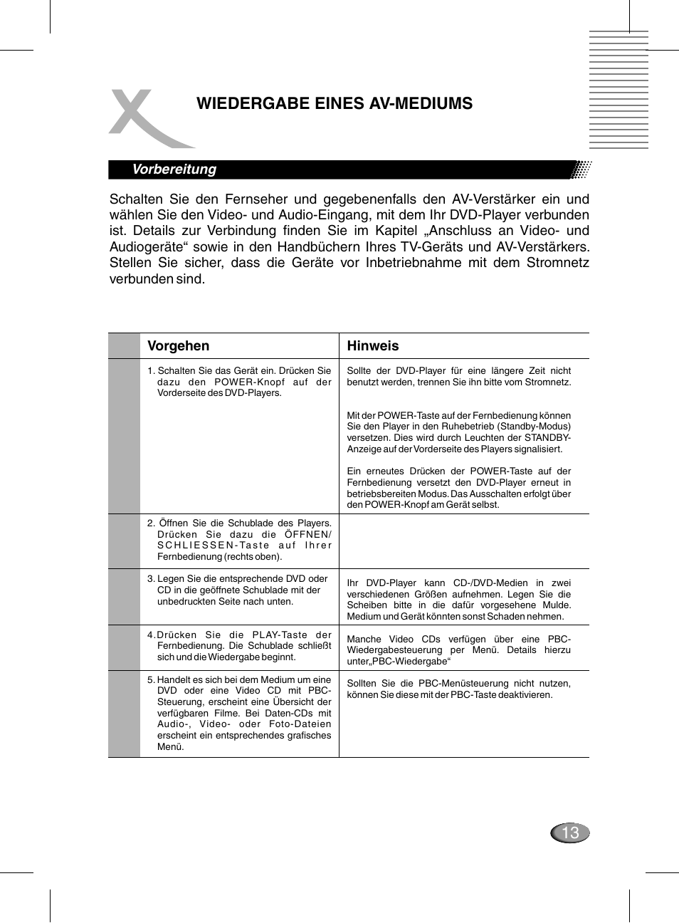 Wiedergabe eines av-mediums, Vorbereitung hinweis | Xoro HSD 311 User Manual | Page 13 / 72