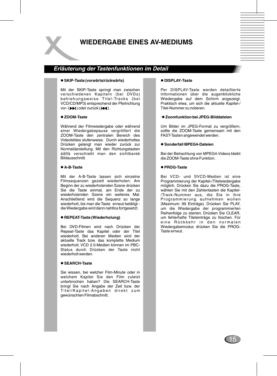 Wiedergabe eines av-mediums, Erläuterung der tastenfunktionen im detail | Xoro HSD 311 User Manual | Page 15 / 72