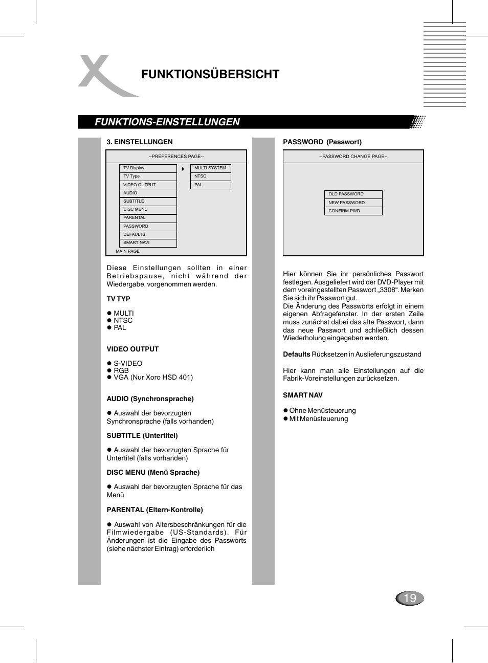 19 funktionsübersicht, Funktions-einstellungen | Xoro HSD 311 User Manual | Page 19 / 72