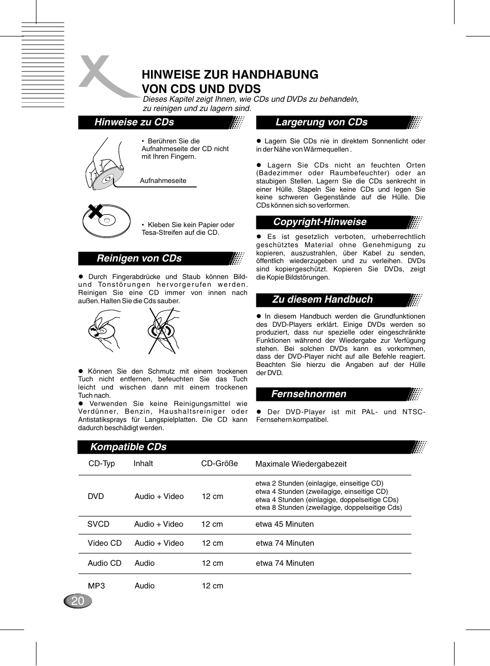 Hinweise zur handhabung von cds und dvds, Просмотр jpeg картинок, Hinweise zu cds | Reinigen von cds | Xoro HSD 311 User Manual | Page 20 / 72