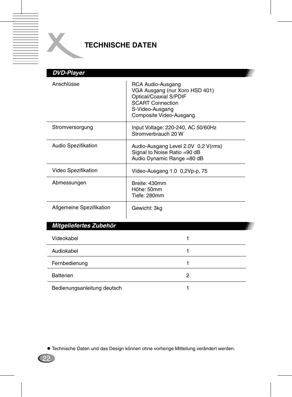 Technische daten | Xoro HSD 311 User Manual | Page 22 / 72