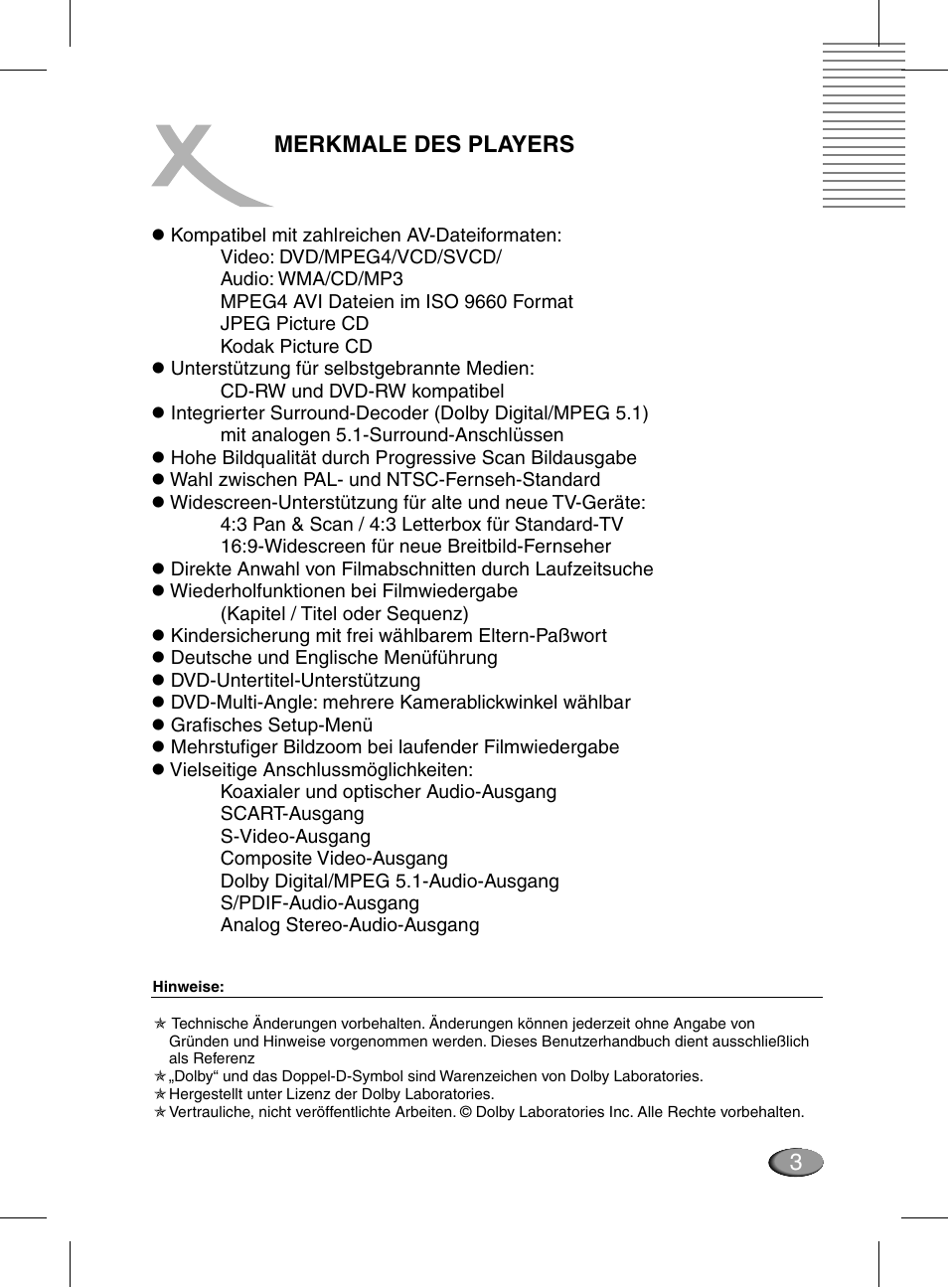 Merkmale des players | Xoro HSD 311 User Manual | Page 3 / 72