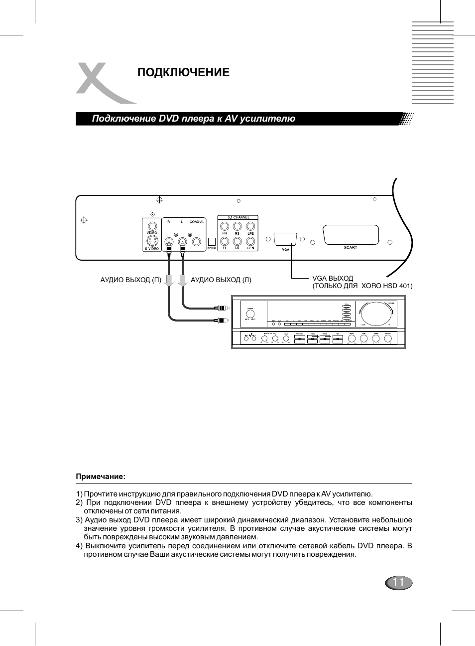 11 подключение, Подключение dvd плеера к av усилителю | Xoro HSD 311 User Manual | Page 35 / 72