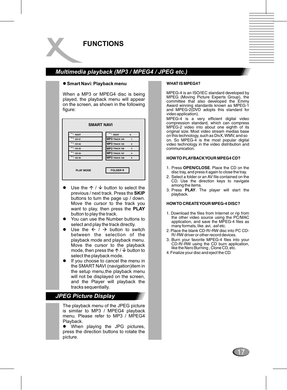 17 functions, Multimedia playback (mp3 / mpeg4 / jpeg etc.), Jpeg picture display | Xoro HSD 311 User Manual | Page 65 / 72