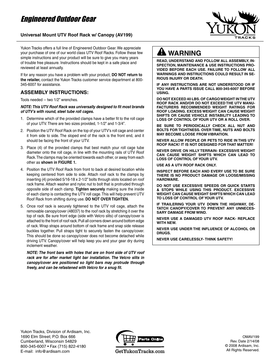 Yukon Tracks AV199 User Manual | 2 pages