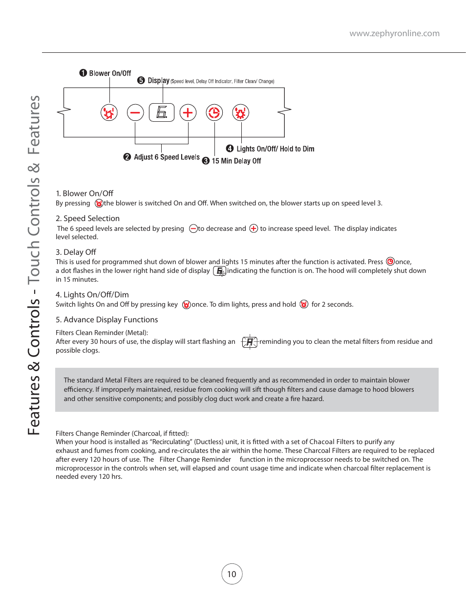 Features & controls - t ouc h controls & f eatures | Zephyr ZVE-E42S User Manual | Page 12 / 19