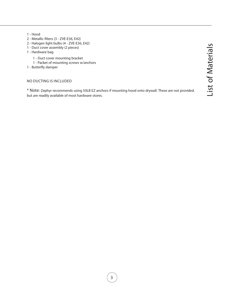 List of materials | Zephyr ZVE-E42S User Manual | Page 5 / 19