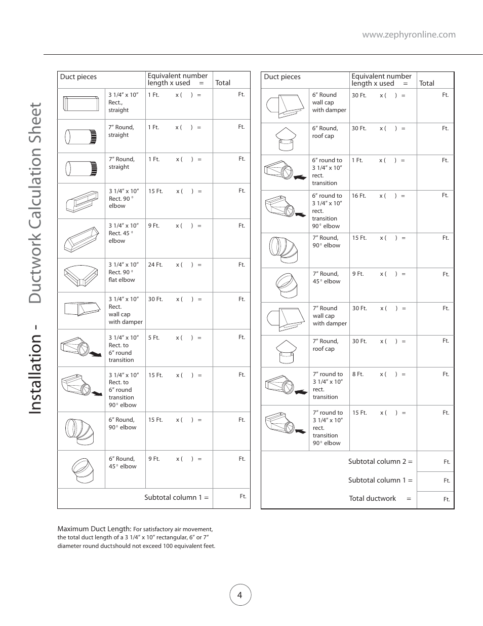 Installation - ductwork calculation sheet | Zephyr ZVE-E42S User Manual | Page 6 / 19