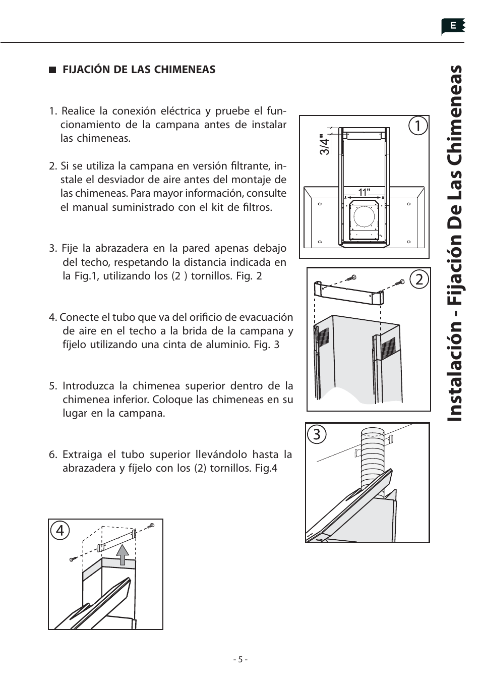 Instalación - f ijación de las chimeneas | Zephyr Duct Cover Extension Z1C-00PN User Manual | Page 5 / 8