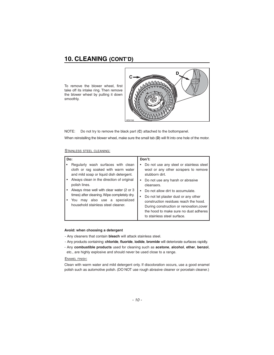 Cleaning, Cont’d) | Zephyr ES1-E30AB User Manual | Page 10 / 13