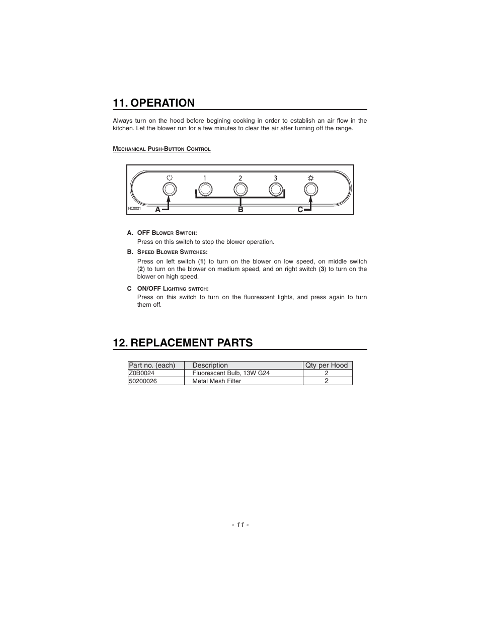 Operation 12. replacement parts | Zephyr ES1-E30AB User Manual | Page 11 / 13