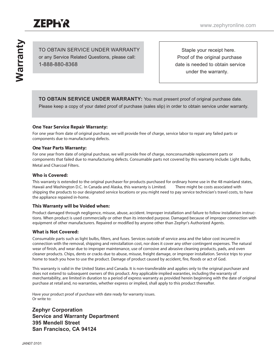 Warranty | Zephyr ES1-E30AB User Manual | Page 13 / 13