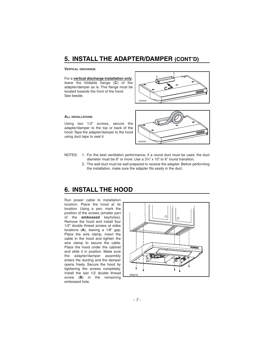 Install the hood, Install the adapter/damper, Cont’d) | Zephyr ES1-E30AB User Manual | Page 7 / 13