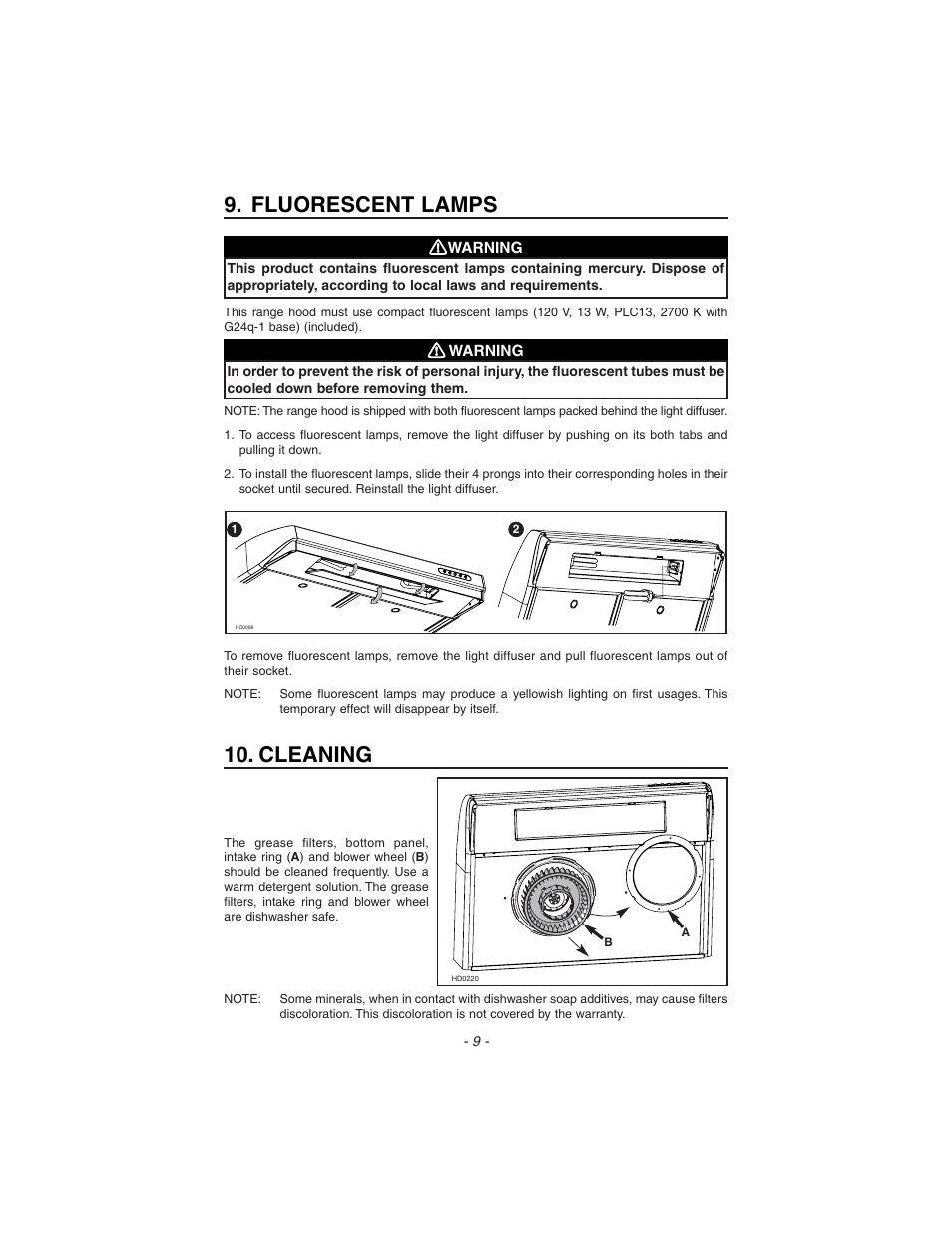Fluorescent lamps, Cleaning | Zephyr ES1-E30AB User Manual | Page 9 / 13