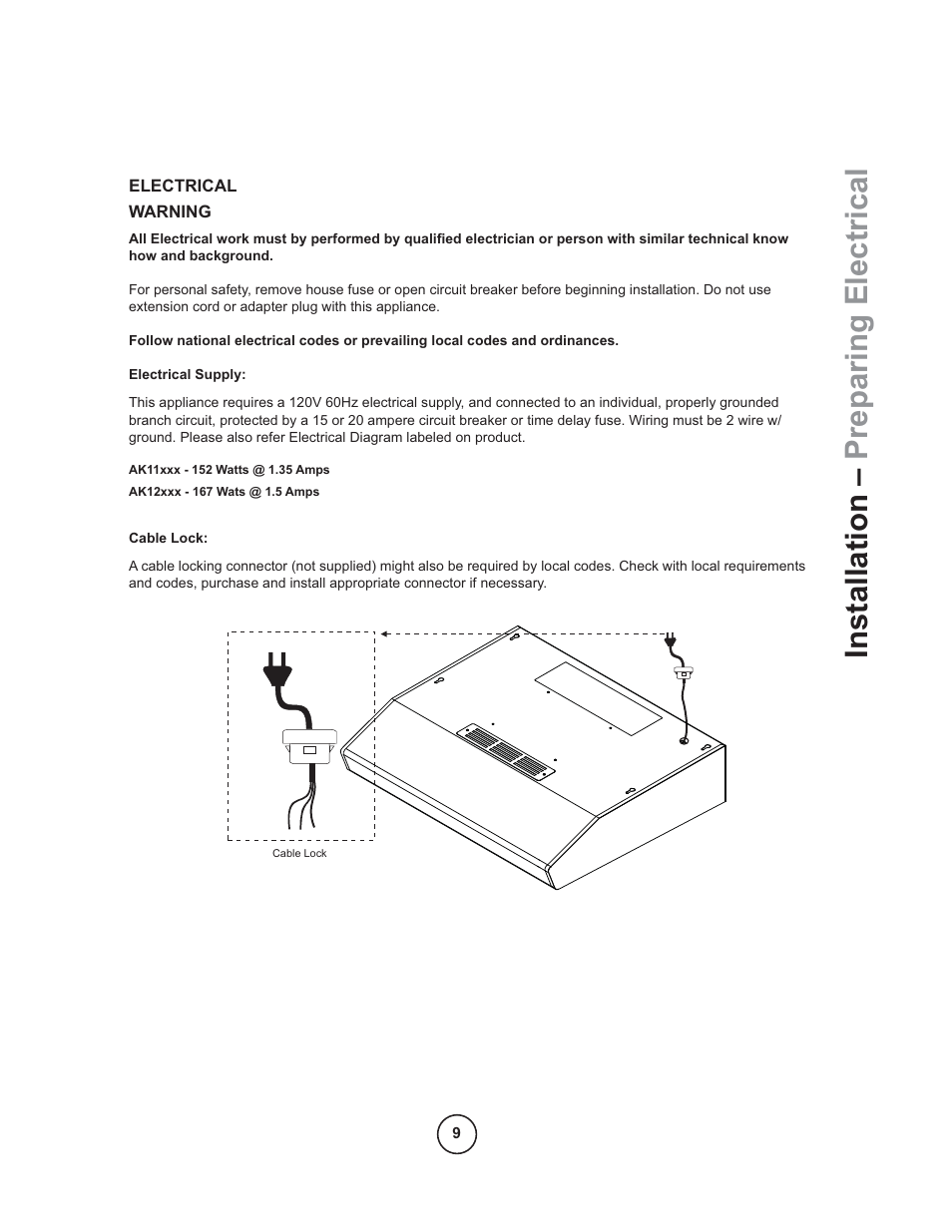 Installation – preparing electrical | Zephyr AK11005 User Manual | Page 11 / 22