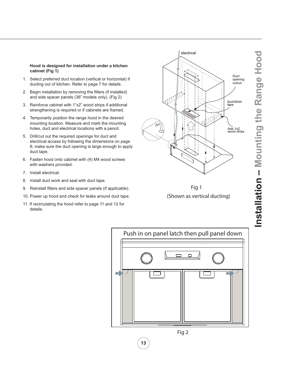 Installation – mounting the range hood, Push in on panel latch then pull panel down | Zephyr AK11005 User Manual | Page 15 / 22
