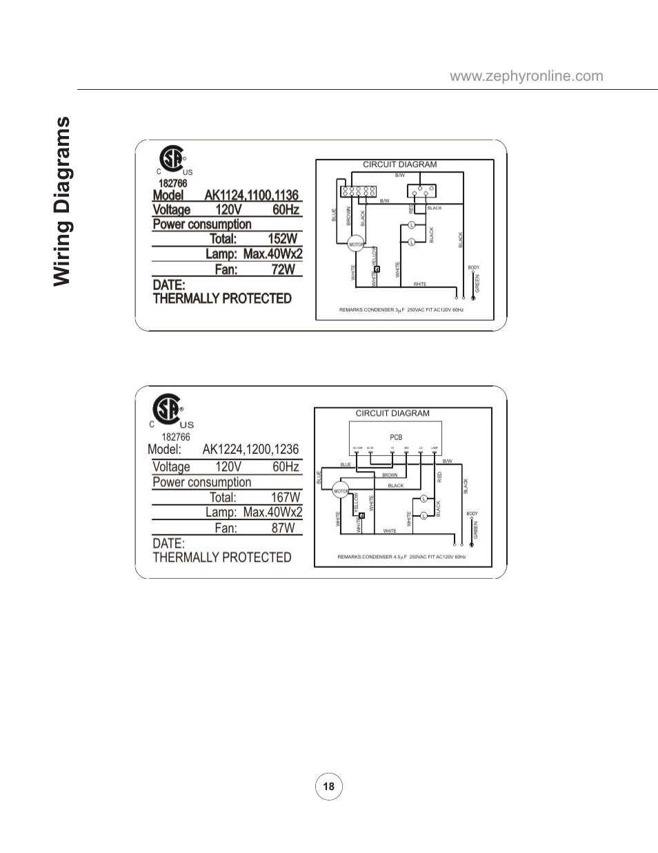 Wiring diagrams | Zephyr AK11005 User Manual | Page 20 / 22