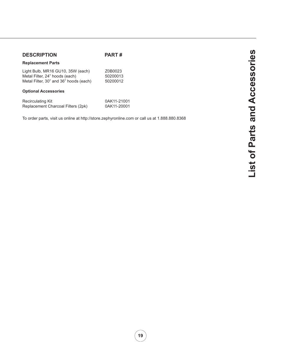 List of parts and accessories | Zephyr AK11005 User Manual | Page 21 / 22